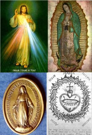 Divine Mercy, Tilma of Guadalupe, Miraculous Medal and Sacred Heart